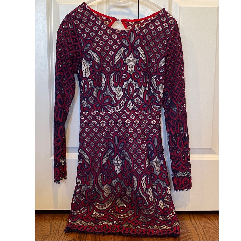 blue and red lace dress